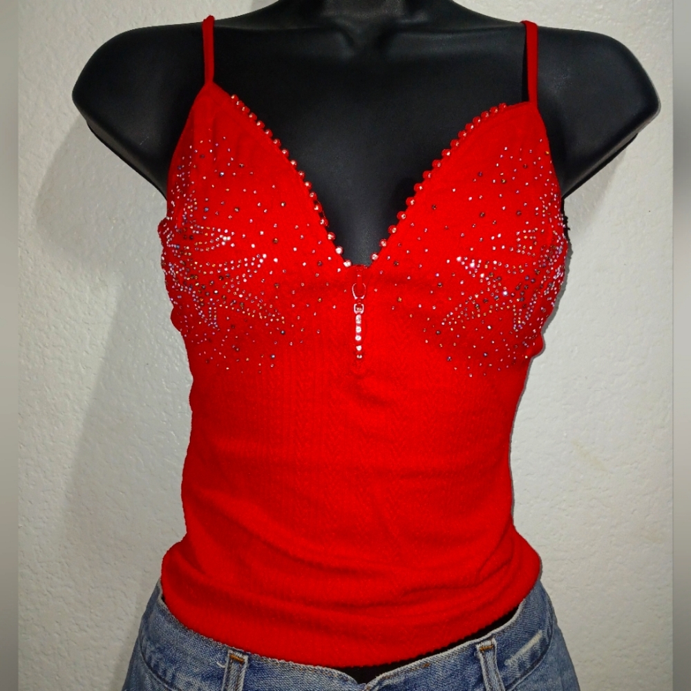 Red Embellished Sleeveless Camisole
